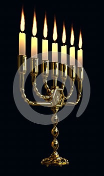 goldish decorative menorah flaming isolated. design object 3D illustration