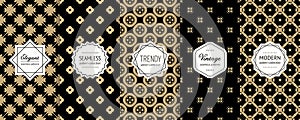 Golden ornamental seamless patterns collection. Vector floral backgrounds set