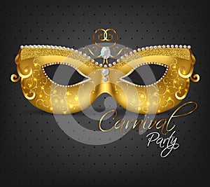 Golden ornamented mask Vector realistic. Stylish Masquerade Party. Mardi Gras card invitation. Night Party Poster. Dance