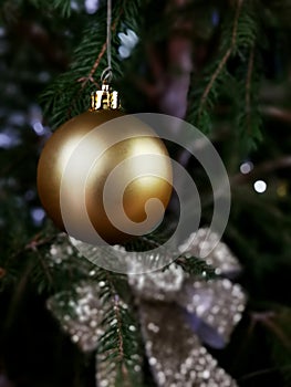 Golden ornaments of Christmas tree