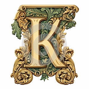 Golden Ornate Alphabet K In Green - Meticulously Detailed Still Life