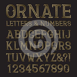 Golden ornate capital letters and numbers with tendrils. Decorative patterned vintage font. Isolated latin alphabet with figures.
