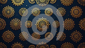 Golden ornate mandala patterns arranged on a dark blue background in a decorative composition