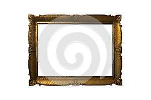 Golden Ornate Picture Frame Isolated On White Background. Antique and Vintage Objects