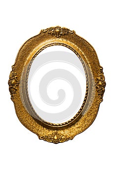 Golden Ornate Picture Frame Isolated On White Background. Antique and Vintage Objects