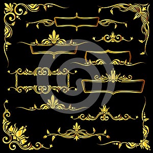 Golden ornate vector frames, borders and corner elements set