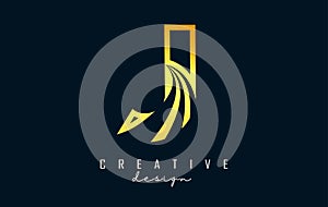 Golden Outline Creative letter J logo with leading lines and road concept design. Letter J with geometric design