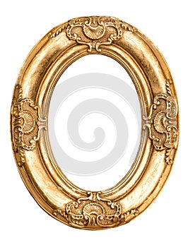 Golden oval frame isolated on white. Baroque style antique object