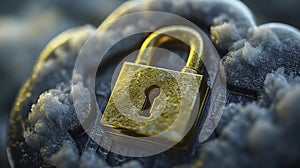 Golden padlock on cloud background, digital security concept, data protection symbol.