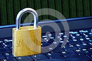 Golden Padlock on Keyboard Cyber Security Concept With Copy Space