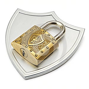 Golden padlock on silver shield