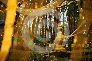 Golden pagoda and Dharmacakra flags