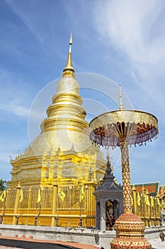 Golden Pagoda in Phra That Hariphunchai Temple, Lamphun Thailand