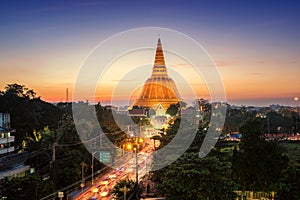 Golden pagoda Phra Pathom Chedi sunset