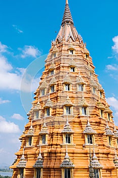 Golden pagoda statue with mountain, Wat Tham Sua(Tiger Cave Temple)