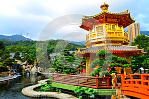 Golden pagoda in zen garden