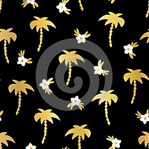 Golden Palm trees white Hibiscus flowers seamless vector background black. Gold foil palm tree silhouettes repeating pattern.