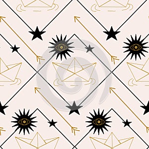 Golden paper boat, black celestial and geometric elements, in a seamless pattern design