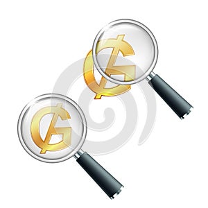 Golden Paraguayan guarani currency sign with magnifying glass. photo