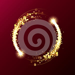 Golden particle shining round frame. Golden ring. Glowing circle border with copyspace for text on red background. Circular