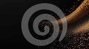 Golden abstract particles falling with bokeh effect on a black background with a gradient, creating a glitter luxurious