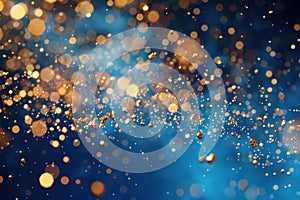 Golden particles exploding creating a festive bokeh effect on blue