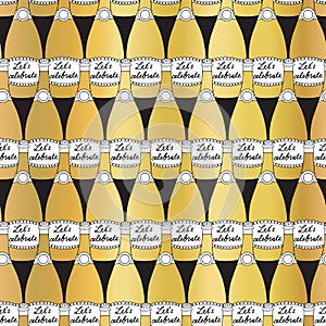 Golden Party Champagne bottles celebration seamless vector pattern. Repeating elegant metallic gold foil background. Hand drawn