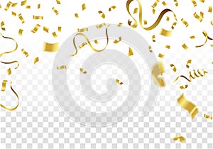 Golden Party Flags With Confetti And Ribbon Falling On White Background. Celebration Event & Birthday. Vector