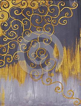 golden pattern on a gray background, sinuous lines like a climbing