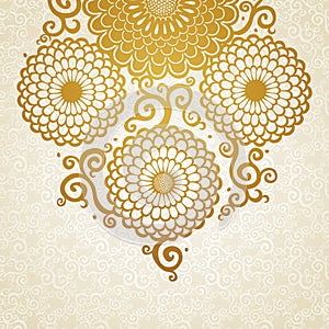 Golden pattern with large flowers and curls.