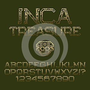 Golden patterned angular letters and numbers. Decorative elegant font. Isolated english alphabet with text Inca Treasure