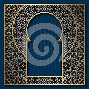 Golden patterned frame in oriental arched window form. Vintage greeting card background or packaging design frame