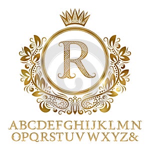 Golden patterned letters with initial monogram in coat of arms form. Shining font and elements kit for logo design