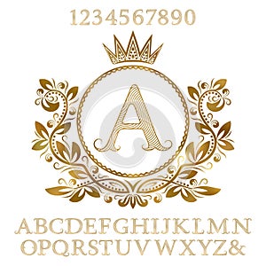 Golden patterned letters and numbers with initial monogram in coat of arms form. Shining font and elements kit for logo design