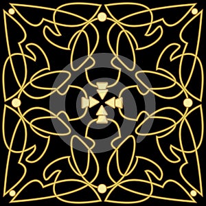 Golden patterns with 3d effect on black background. Decorative luxurious tile with vintage ornament. Curly curves