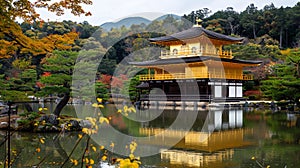 Golden Pavilion in Kyoto Surrounded by Autumn Leaves Reflecting in Pond
