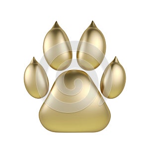 Golden paw print logotype or icon isolated on white background. Dog paw footprint logo 3d rendering. Year of Dog