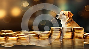 Golden Paws: A Stack of Gold Coins Amidst a Blurry Dog Background photo