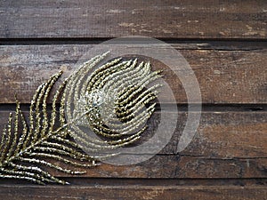 Golden peacock feather. Decorative gilded branch in the shape of a peacock's tail and eyelet. Wooden background