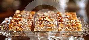 Golden peanut brittle elegantly arranged on platter with soft lighting for an indulgent ambiance.