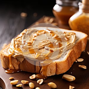 Golden Peanut Butter Sandwich On Wooden Surface