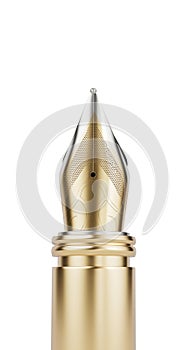 Golden pen nib close-up on white background.3D illustration