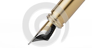 Golden pen nib close-up on white background.3D illustration
