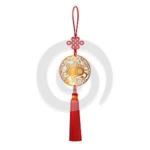 Golden Pendant with Mouse and Luck Knot. Chinese New Year traditional Zodiac Rat symbol of 2020 paper cut round design.