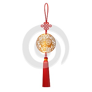 Golden Pendant with Pig and Luck Knot. Chinese New Year traditional Zodiac symbol of 2019 paper cut round design.