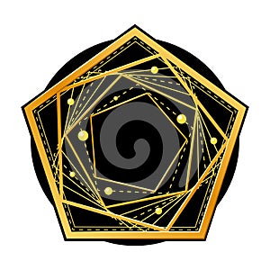 Golden pentagon on the black circle. Vector illustration.