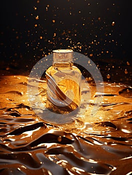 A golden perfume bottle on black background generative AI