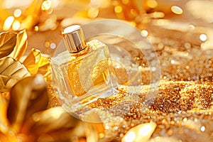 Golden Perfume Bottle Surrounded by Sparkling Glitter and Metallic Leaves