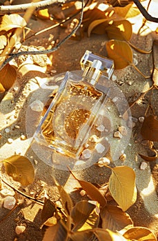 Golden Perfume Bottle Surrounded by Sparkling Glitter and Metallic Leaves