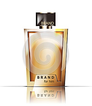 Golden perfume bottle Vector. Product packaging realistic detailed 3d illustration. Luxury fragrances
